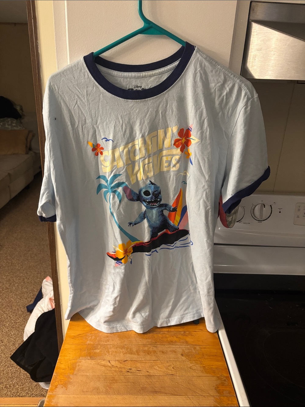 Disney Light Blue Stitch Surf Graphic Tee with Navy Trim